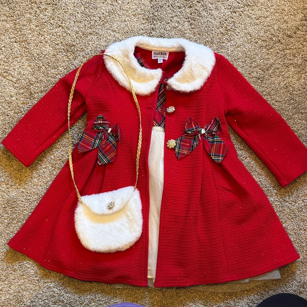 Red Holiday Girls' Coat with Faux Fur Trim